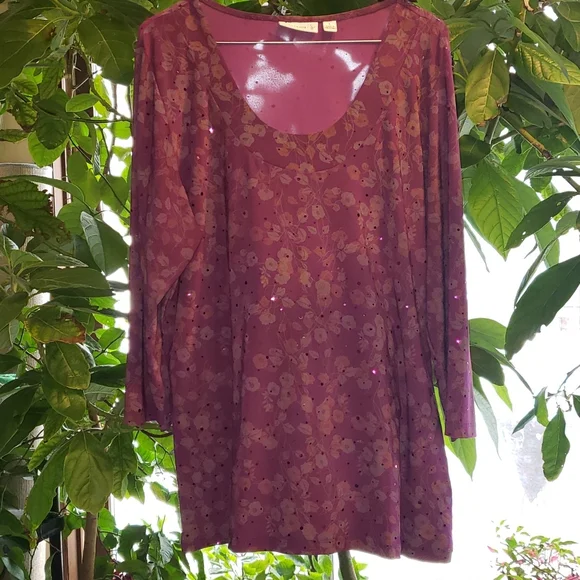 Susan Graver Purple Floral Scoop Neck 3/4 Sleeve Blouse Large - Picture 9 of 9